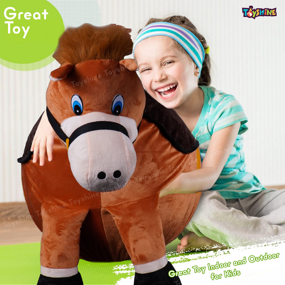 Toyshine Soft Stuffed Horse Shape Inflatable Ride-On Pony Hippity Hop Jumping Hopping Ball for Kids, Pump Included - Brown