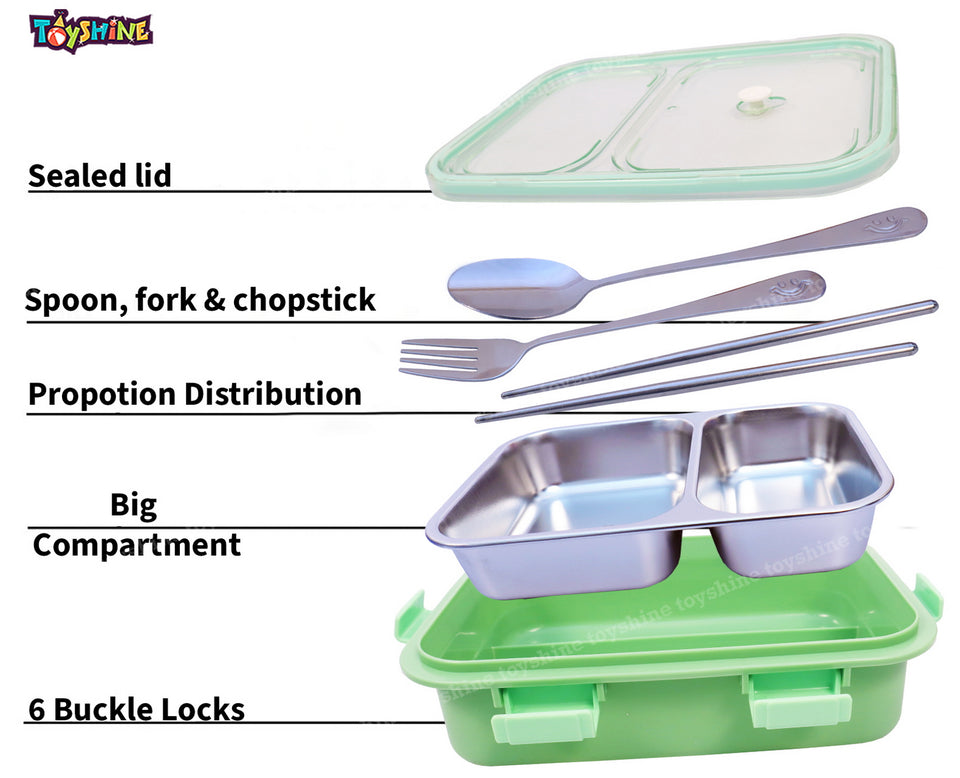 Toyshine Stainless Steel Bento Box for Kids Adults, 2 Compartments Sealed, Breathable Vent, Leak-proof Lunch Box, Keep Foods Separated Food Storage Container, Food-Safe Materials, 2 Compartments-Green