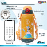 Toyshine Space Edition 2 in 1 Cup Insulated Kids Water Bottle Spill Proof Straw and wide mouth Cups, Pop Button, BPA Free Water Bottle for Kids School, Soft Grip Children's Drinkware - 450 ML - Orange