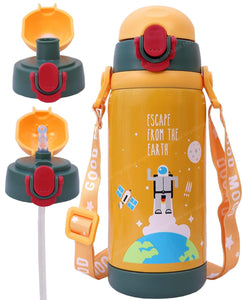 Toyshine Space Edition 2 in 1 Cup Insulated Kids Water Bottle Spill Proof Straw and wide mouth Cups, Pop Button, BPA Free Water Bottle for Kids School, Soft Grip Children's Drinkware - 450 ML - Orange
