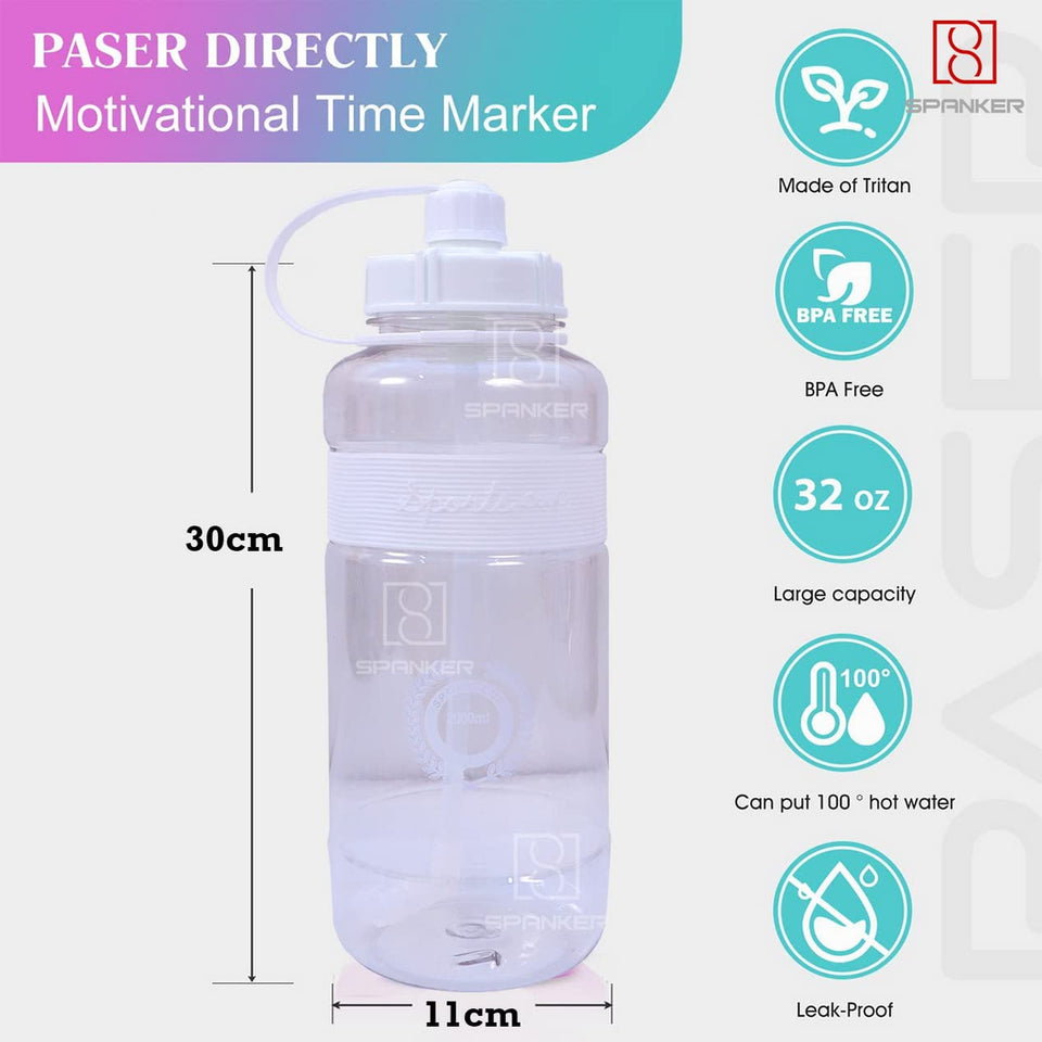 Spanker Sports Water Bottle 1.5 L / 55 OZ Half Gallon Carry Handle Big Water Jug For Sport | Ecofriendly, Plastic, Leakproof- White