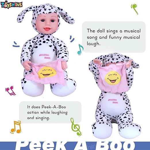 Toyshine 12" Peek-A-Boo Beautiful & Soft Plush Musical Laughing Doll inwith Moving Arms,Voice Activated Feature and Touch Sensor - Black Spots