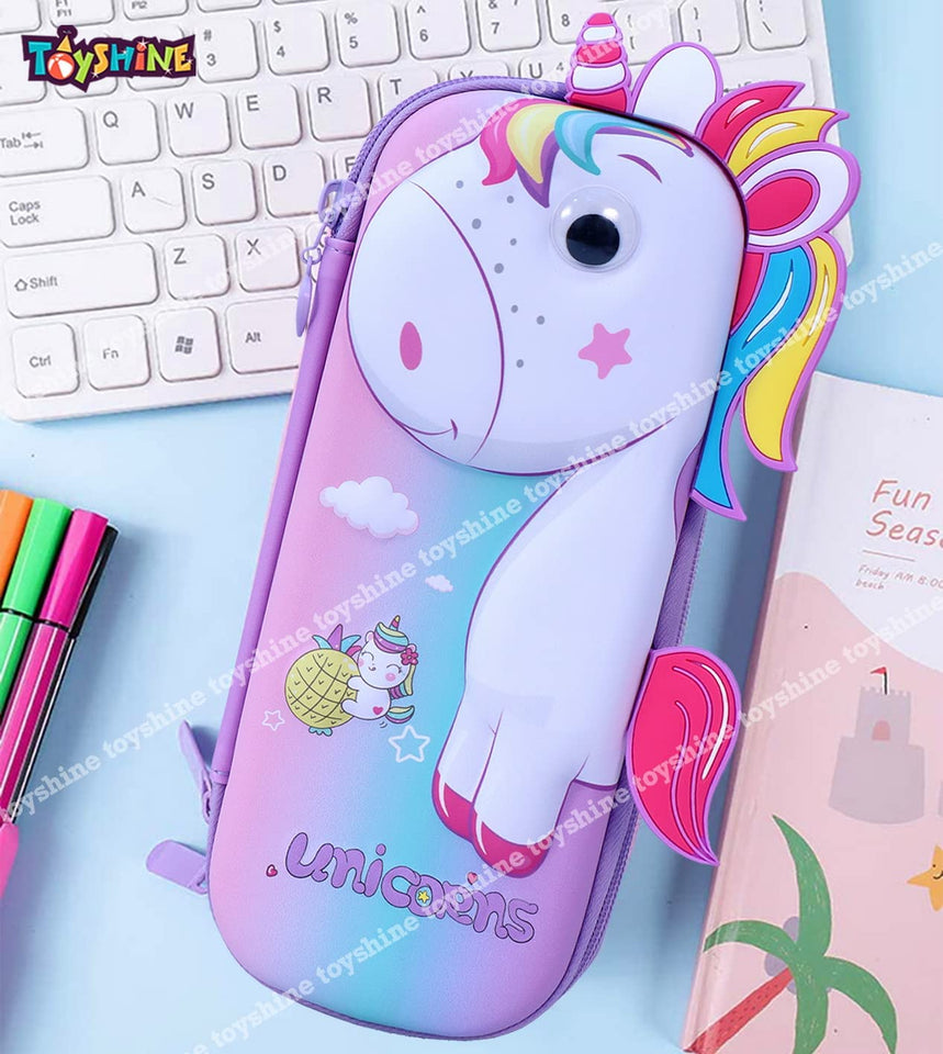 Toyshine Set of 2 Unicorn Hardtop Pencil Case with Tritan Grip Bottle - Kids Large Capacity School Supply Organizer Students Stationery - Girls Pen Pouch Pink Purple