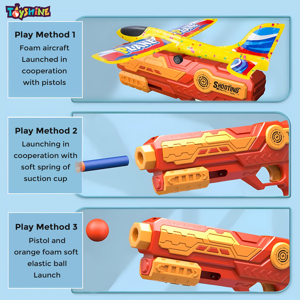Toyshine 3 in 1 Plane Launcher Toys | Plane, Foam Darts and Foam Ball Shooter | Toy for Kids One-Click Ejection Shooting | Birthday Toy Gift for Boys and Girls
