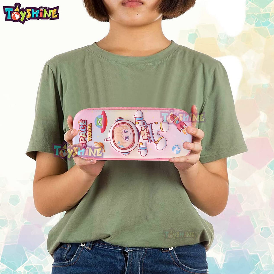 Toyshine Space Travel Hardtop Pencil Case with Multiple Compartments - Kids School Supply Organizer Students Stationery Box - Girls Pen Pouch- White