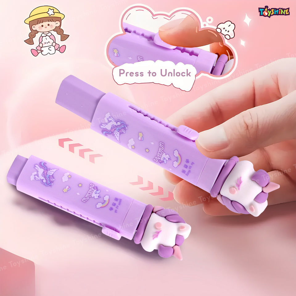 Toyshine 12 Pc Dynamic Push-Pull Design Retractable Shape Unicorn Expandable Erasers with Refill Eraser for Kids Boys Girls School Supplies