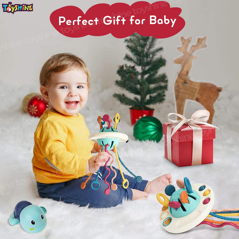 Toyshine Baby Ellie Sensory Montessori Food Grade Silicone Pull String Activity Toy for Teething Play Adventure Travel-Friendly Perfect for 6+ Months - UFO