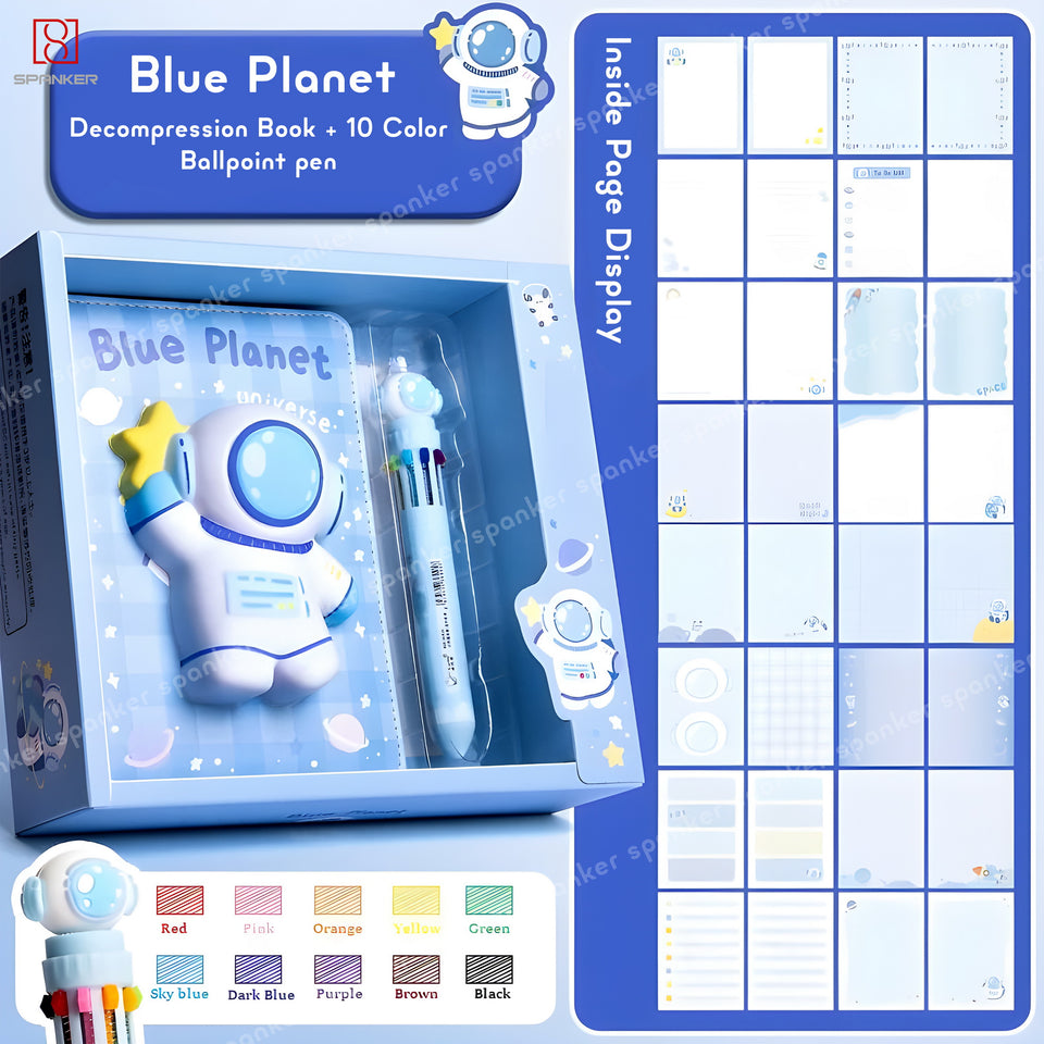 Spanker Astronaut Theme 3D Puffy Cute Notebook B6 size Diary with 10 In 1 Multicolor Pen for School Student Teens Birthday Gifts - Blue