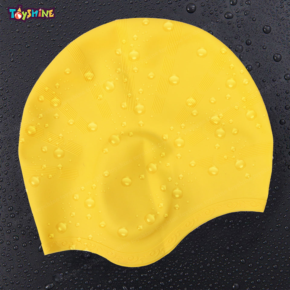 Toyshine Unisex Swim Cap with 3D Ear Protection, Durable Flexible Silicone Swimming Hat for Short/Long Hair with Ear Plugs&Nose Clip, Yellow SSTP