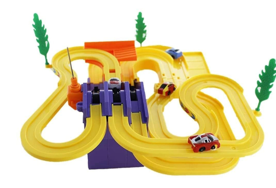 Toyshine Track Racer Racing Car Set with 4 Miniature Cars Rotating Helicopter Toy for 3-5 Year Boys Girls Kids Vehicle Toy Parking Set Game Ramp Toy