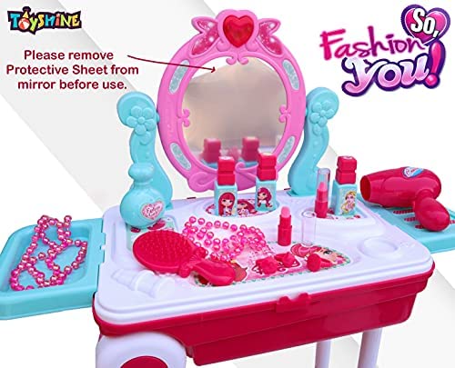 Toyshine Carry Along Dressing Table Make Up Set Beauty Table Toy with Briefcase and Accessories, Model for Girls Pretend Play Baby Toys Birthday Present 3-7 Year old