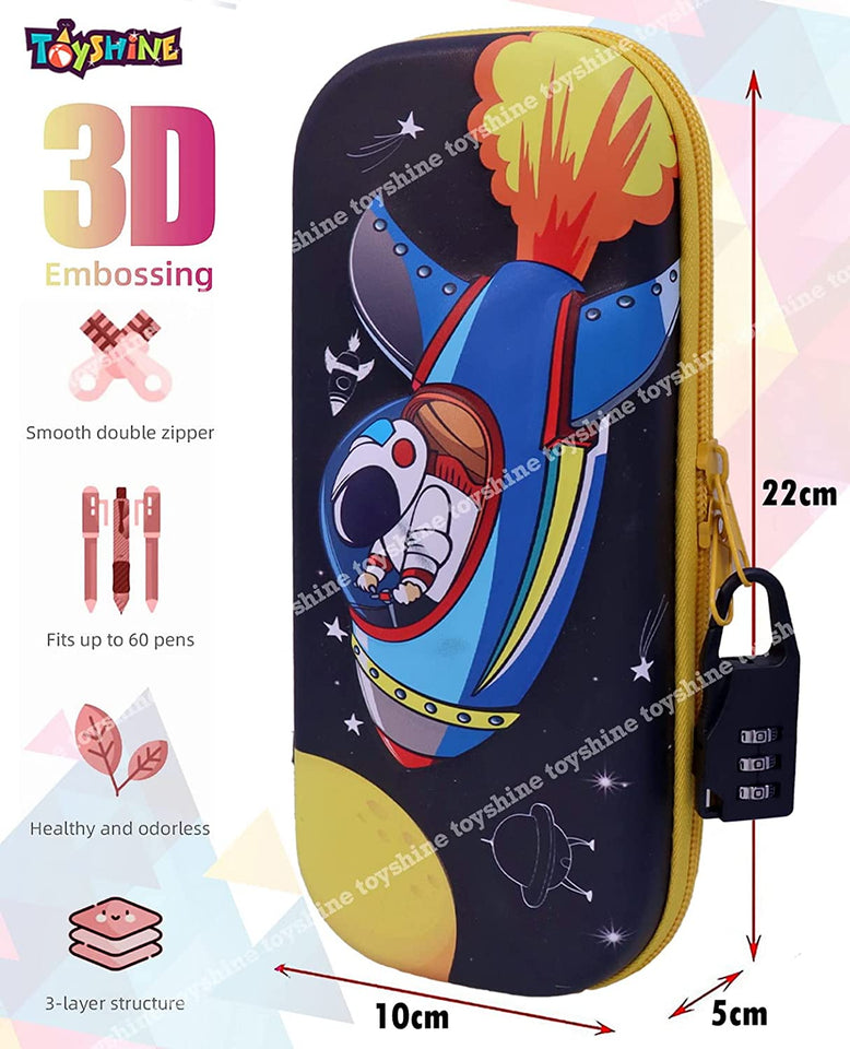 Toyshine Rocket Space Compact Hardtop Pencil Case with Multiple Compartments - Kids School Supply Organizer Students Stationery Box - Girls Boys Pen Pouch- Black