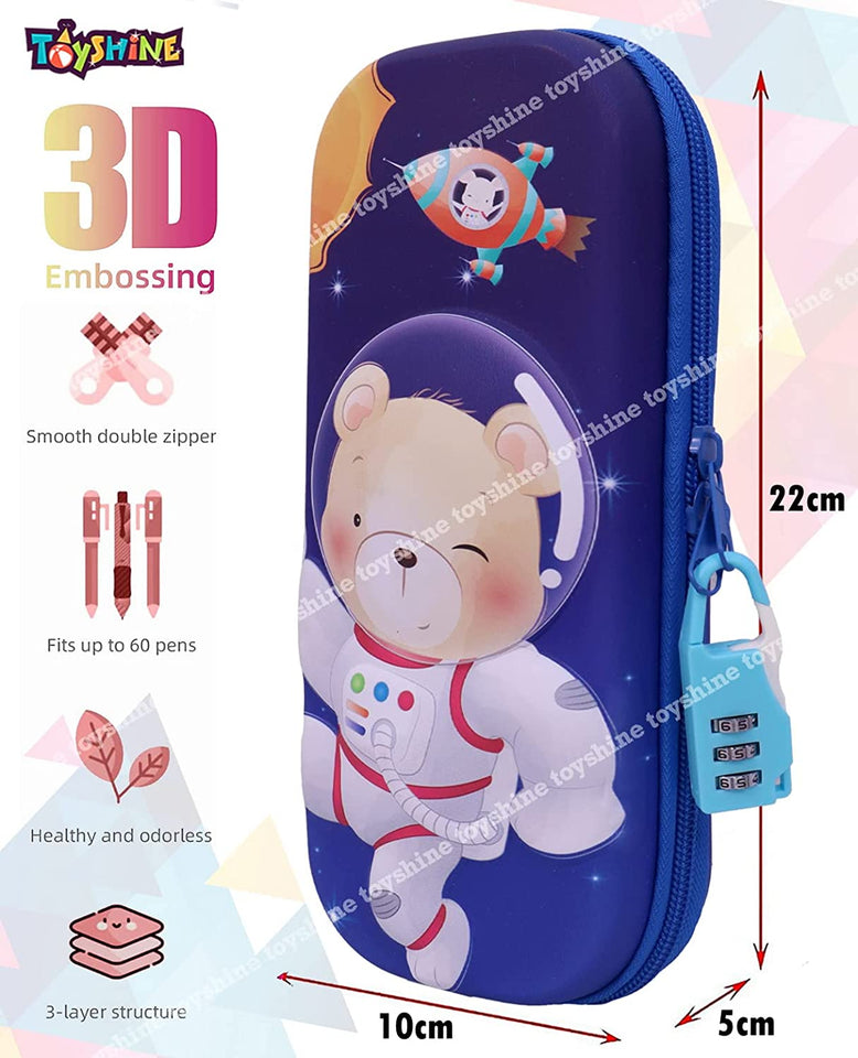 Toyshine Teddy Space Compact Hardtop Pencil Case with Multiple Compartments - Kids School Supply Organizer Students Stationery Box - Girls Boys Pen Pouch- Blue
