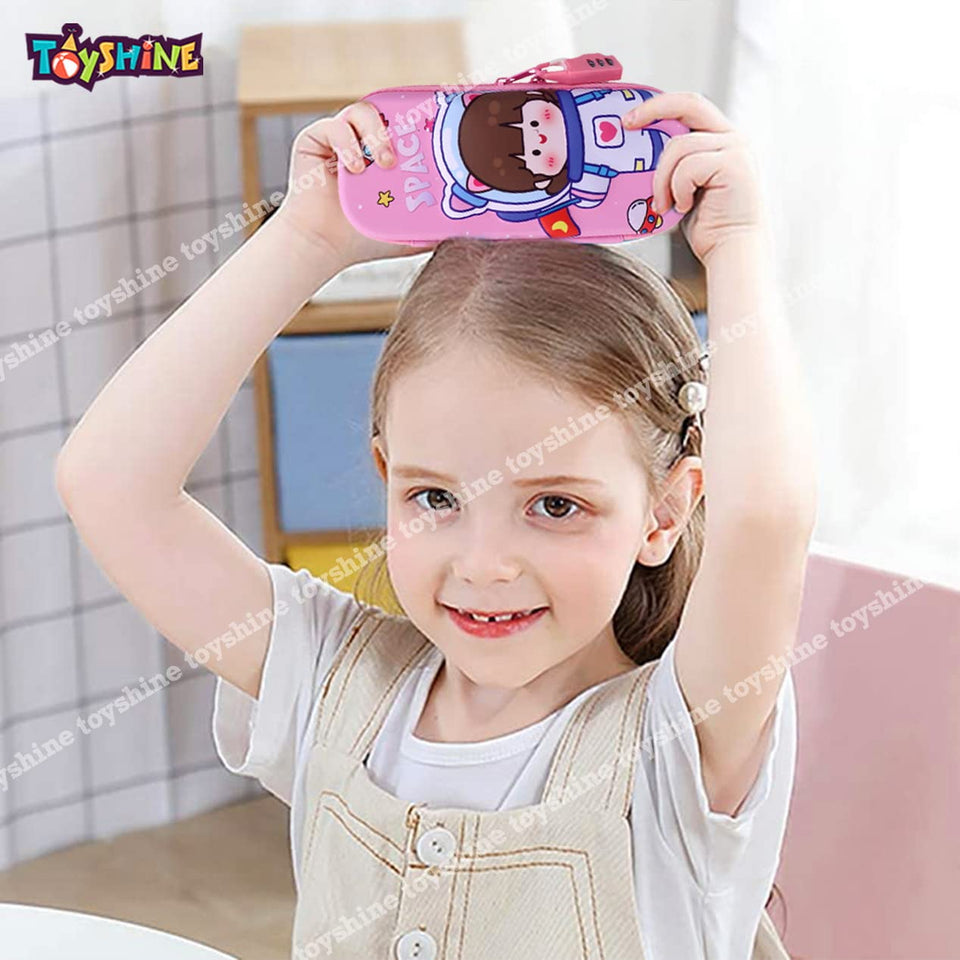Toyshine Baby Astronaut Compact Hardtop Pencil Case with Multiple Compartments - Kids School Supply Organizer Students Stationery Box - Girls Boys Pen Pouch- Pink
