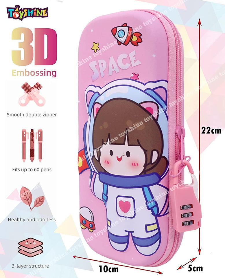 Toyshine Baby Astronaut Compact Hardtop Pencil Case with Multiple Compartments - Kids School Supply Organizer Students Stationery Box - Girls Boys Pen Pouch- Pink