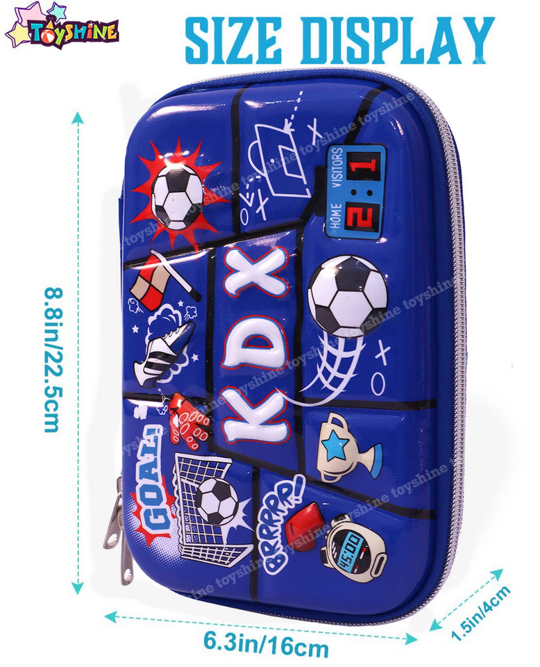 Toyshine Sports Goal Theme Hardtop Pencil Case with Compartments - Kids Large Capacity School Supply Organizer Students Stationery Box - Girls Boys Pen Pouch - Blue