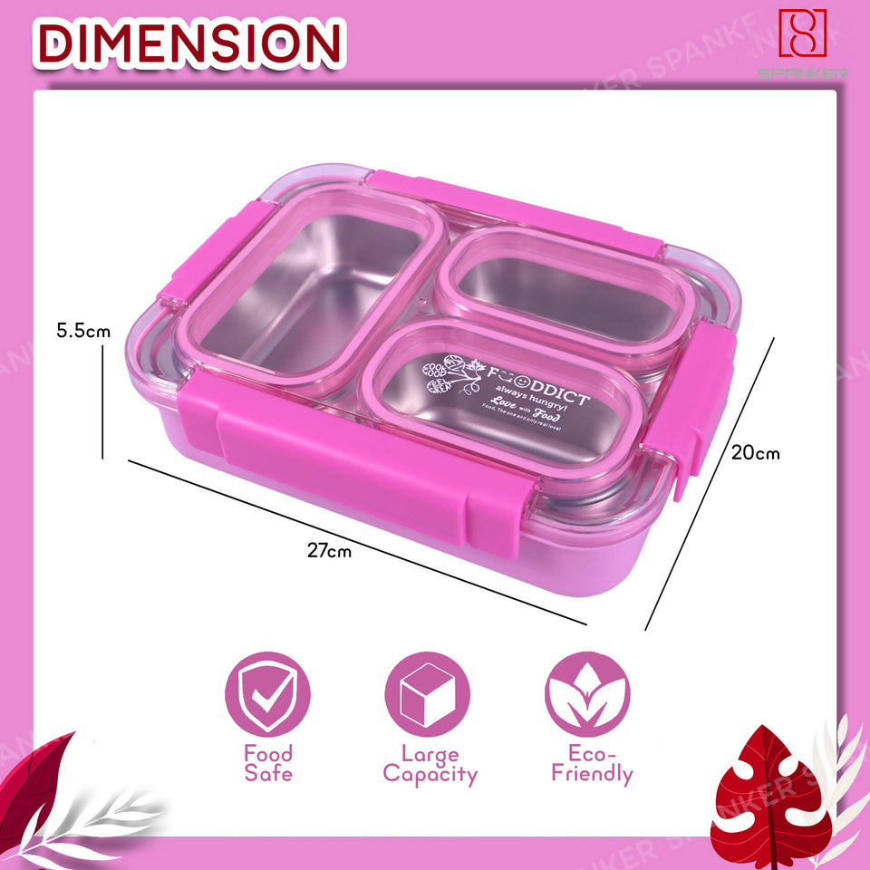 Spanker 800ML Stainless Steel Insulation Portable BPA Free Leak-Proof 3 Grid Capacity Bento Lunch Box for Kid Adult Student Children - Pink