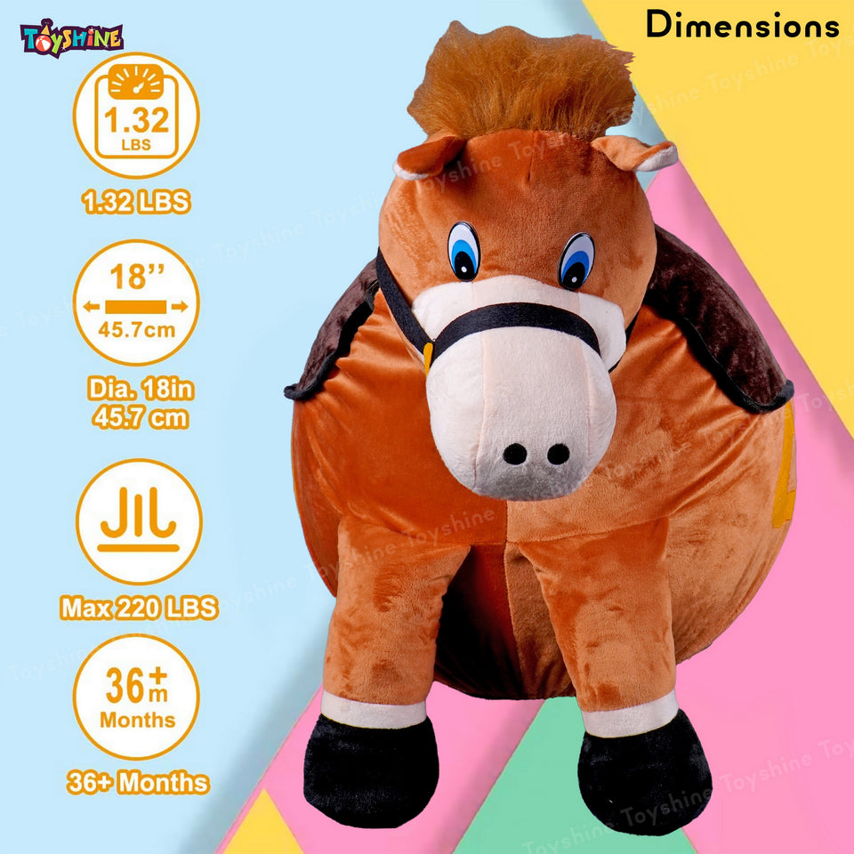 Toyshine Soft Stuffed Horse Shape Inflatable Ride-On Pony Hippity Hop Jumping Hopping Ball for Kids, Pump Included - Brown