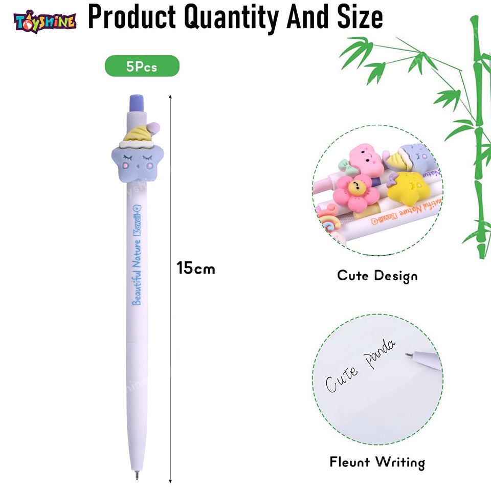 Toyshine 5 Pc Beautiful Nature Cute Design Fancy Fine 0.5mm Kawaii Gel Ink Pen for Office Stationary School Supplies Birthday Party Favor Return Gift - Multicolor