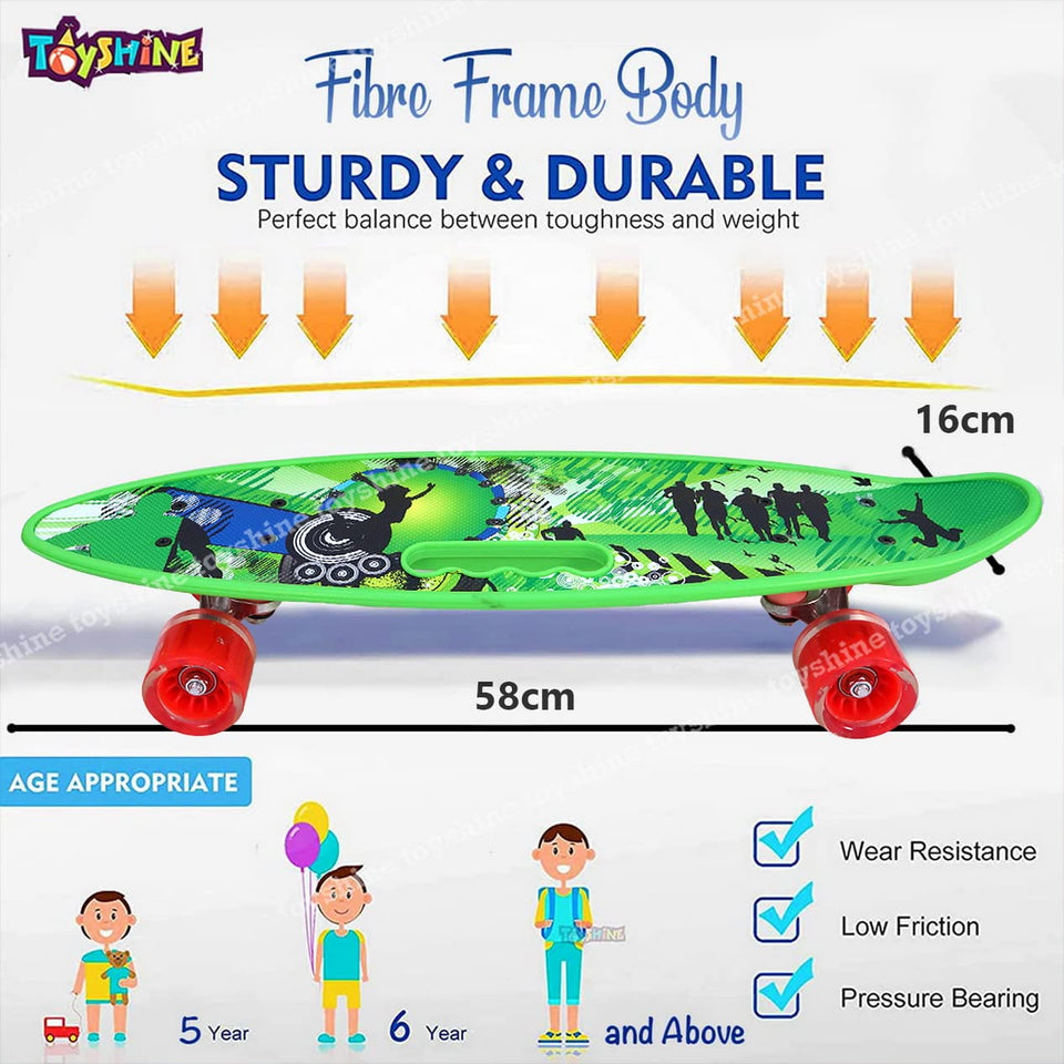 Toyshine Complete Skateboard 59 Cms All Wheels LED Light up Beginners, Music Green
