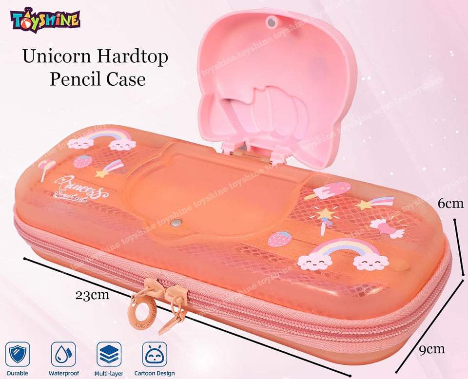Toyshine I Love Unicorn Hardtop Pencil Case with Multiple Compartments - Kids School Supply Organizer Students Stationery Box - Girls Pen Pouch- Pink
