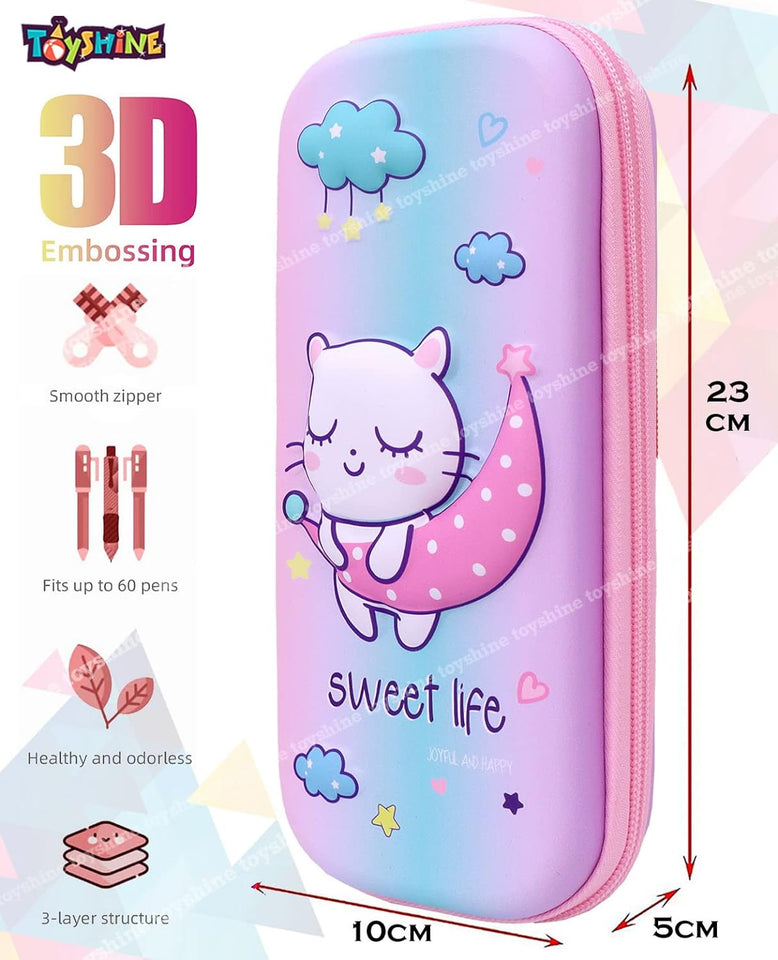 Toyshine Moon Kitty Hardtop Pencil Case with Multiple Compartments - Kids School Supply Organizer Students Stationery Box - Girls Pen Pouch- Multi-Color