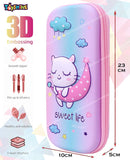 Toyshine Moon Kitty Hardtop Pencil Case with Multiple Compartments - Kids School Supply Organizer Students Stationery Box - Girls Pen Pouch- Multi-Color