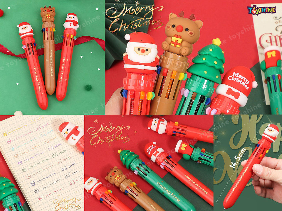 Toyshine Pack of 6 Cute Christmas Theme Multicolor 10-in- Ballpoint Pen 0.7mm Ballpoint Pens for Office Supplies Students Children Gift