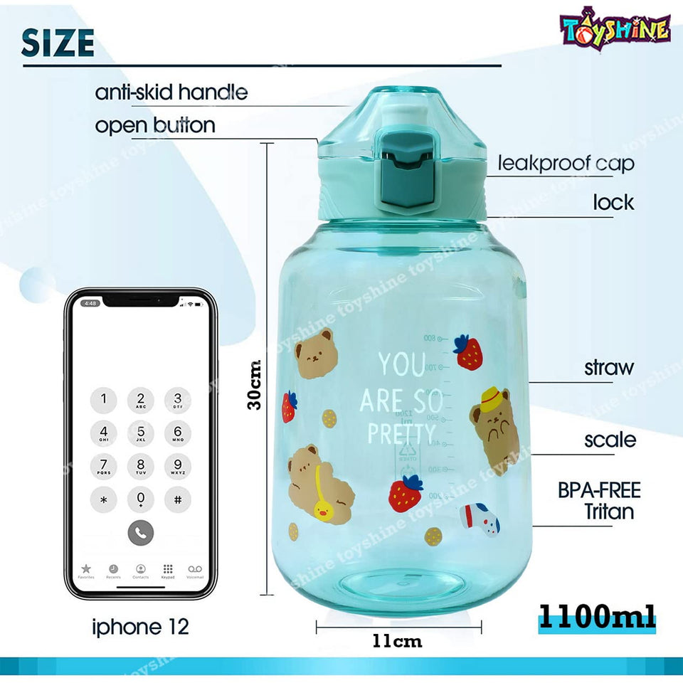 Toyshine Jumbo Tank 1200 ML Kids Water Bottle With Stainer, BPA Free Children's Drinkware with Button Lock, Green