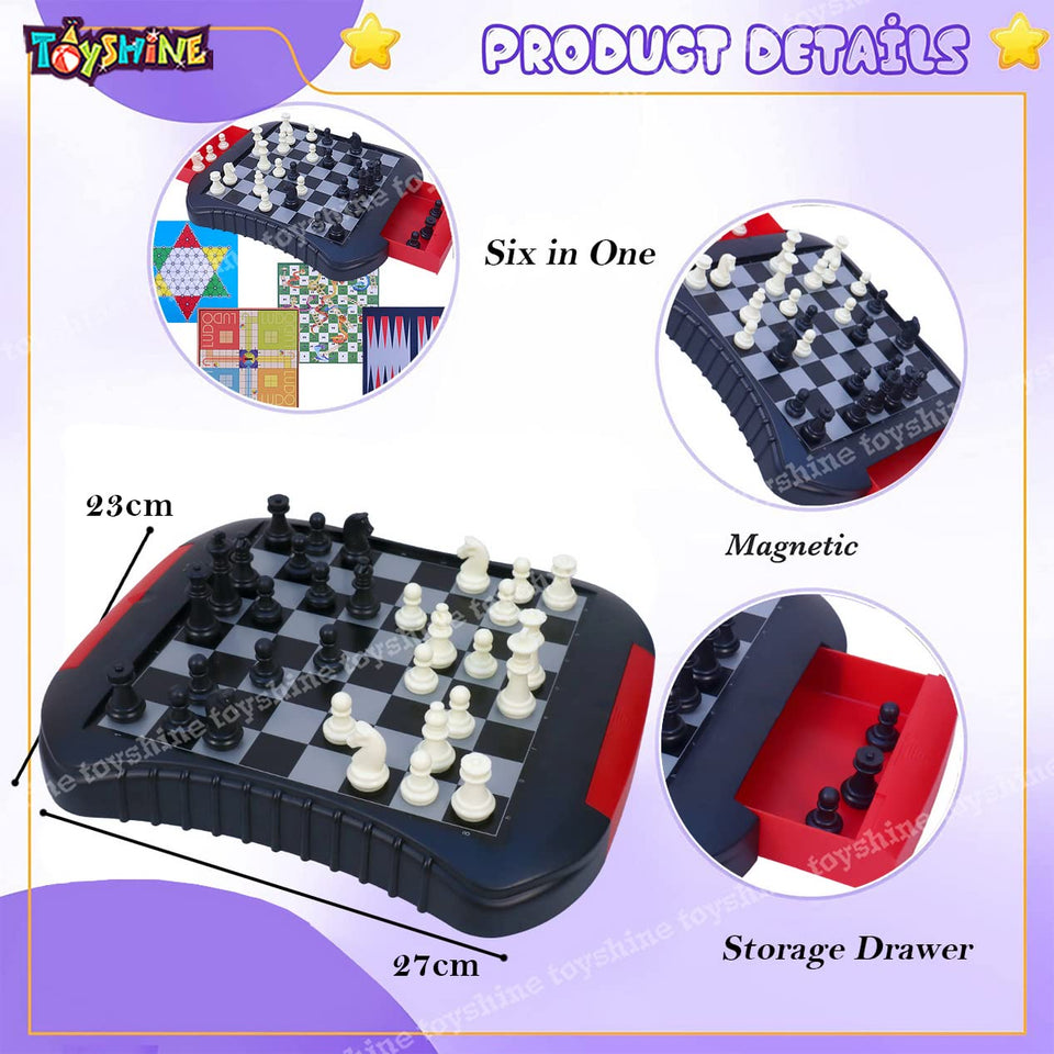 Toyshine 6 in 1 Game Set for Kid and Adults, Magnetic Board with Side Storage Drawers | Chess, Ludo, Checkers, Backagammon, Snakes and Ladders