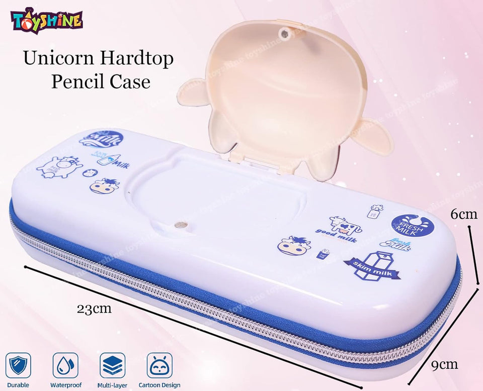 Toyshine I Love Milk Hardtop Pencil Case with Multiple Compartments - Kids School Supply Organizer Students Stationery Box - Girls Pen Pouch- White