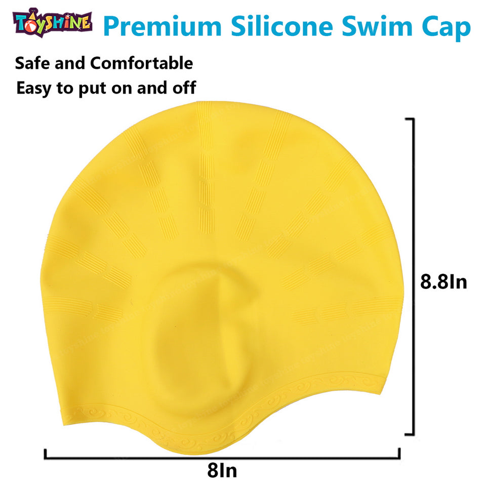 Toyshine Unisex Swim Cap with 3D Ear Protection, Durable Flexible Silicone Swimming Hat for Short/Long Hair with Ear Plugs&Nose Clip, Yellow SSTP