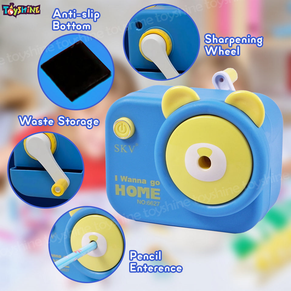 Toyshine Camera Shape Manual Handheld Easy to Operate Pencil Sharpener inbuilt with Stronger Helical Blade for Kids and Artists - Blue…