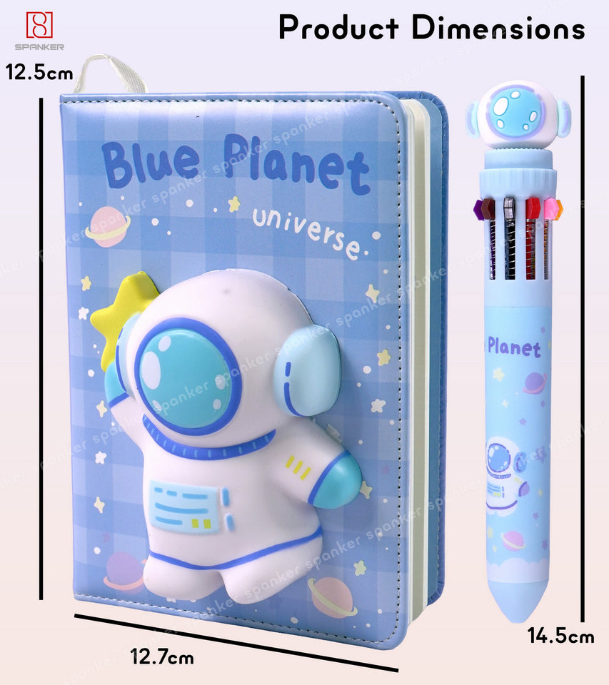 Spanker Astronaut Theme 3D Puffy Cute Notebook B6 size Diary with 10 In 1 Multicolor Pen for School Student Teens Birthday Gifts - Blue