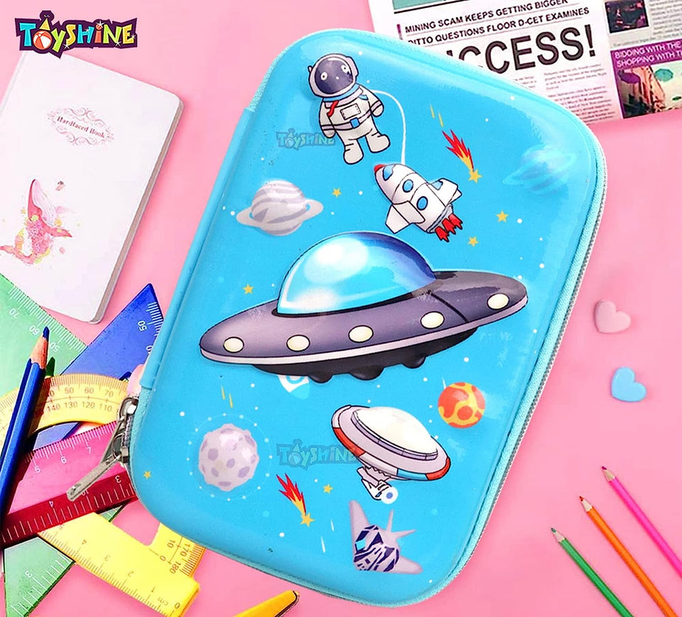 Toyshine Space Theme Hardtop Pencil Case with Compartments - Kids Large Capacity School Supply Organizer Students Stationery Box - Girls Boys Pen Pouch, Light Blue