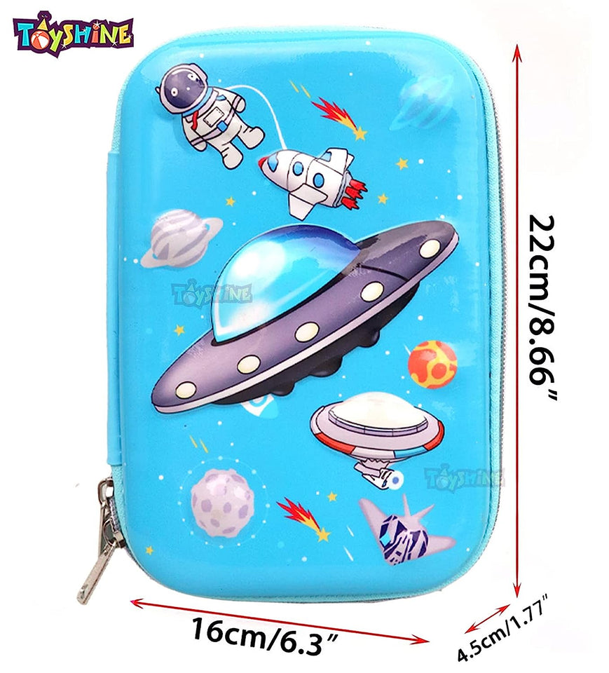 Toyshine Space Theme Hardtop Pencil Case with Compartments - Kids Large Capacity School Supply Organizer Students Stationery Box - Girls Boys Pen Pouch, Light Blue