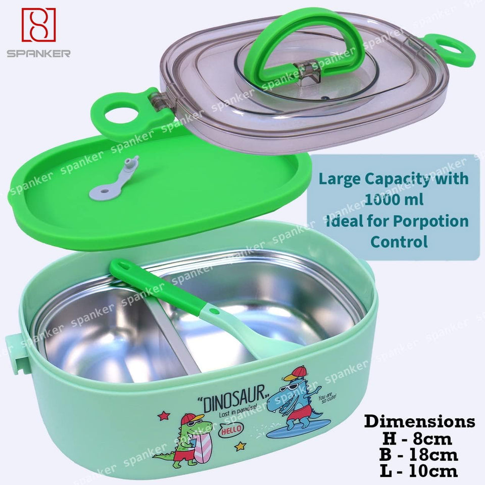 Spanker Dinosaur Lunch Box Thermal Stainless Steel 1000 ML Insulation Brunch Munch Box Tableware Set Portable Lunch Containers for Kid Adult Student Children Keep Food - Green B