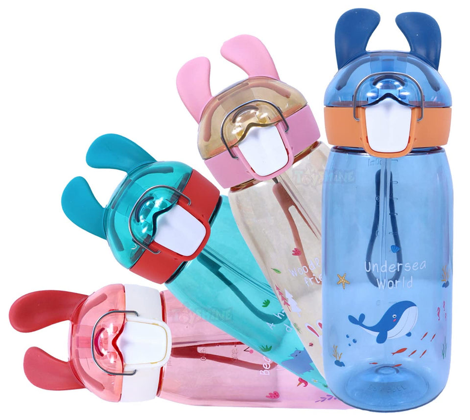 Toyshine Bunny Kids Water Bottle With Straw - Spill Proof Straw Valve, Pop Button, BPA Free Water Bottle for Kids School - Featuring Soft Silicone Handle Grip - Children's Drinkware - 550 ML - Blue