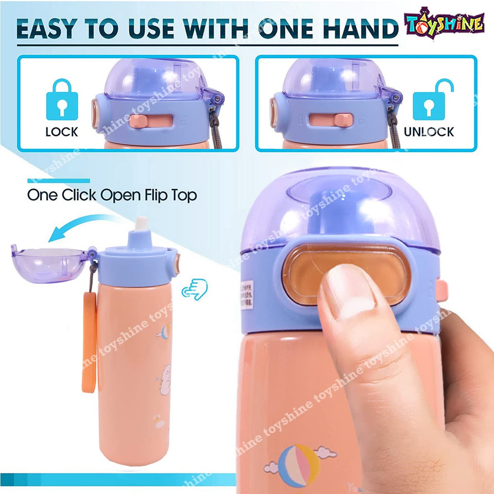 Toyshine Insulated Water Bottle for Kids Reusable Double Walled Steel Flask Metal Thermos, Spill Proof Lock Closure, BPA Free for School Home, Silicon Gripper Children's Drinkware, 410 ML, Peach