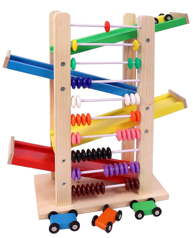 Toyshine Wooden Racer Ramp Toy with 4 Car Ramps, 4 Mini Cars & Abacus – Wood Race Track for 3-5 Year, Boys & Girls –Educational Vehicle Toys- Multi Color