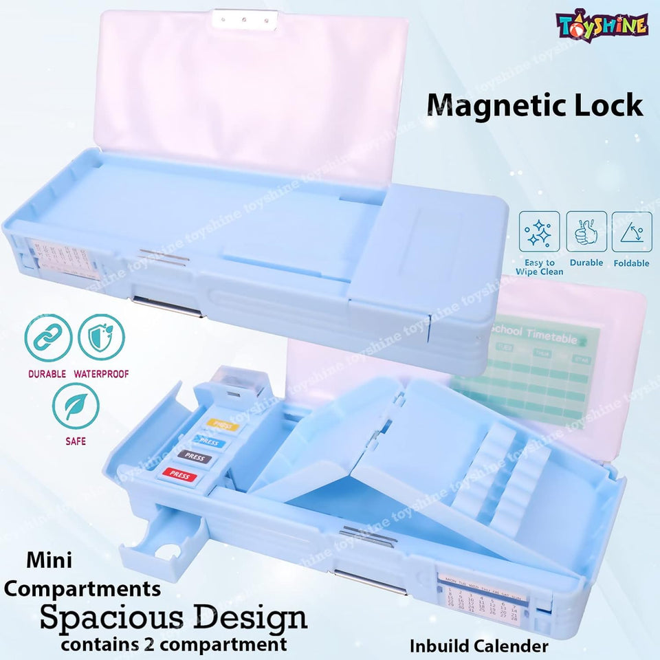 Toyshine Multi Compartment Button Operated Space Pencil Box, With Pen Stand In-Built, Push Button Enabled Storages And Sharpener For Kids - Blue - Plastic