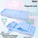 Toyshine Multi Compartment Button Operated Space Pencil Box, With Pen Stand In-Built, Push Button Enabled Storages And Sharpener For Kids - Blue - Plastic