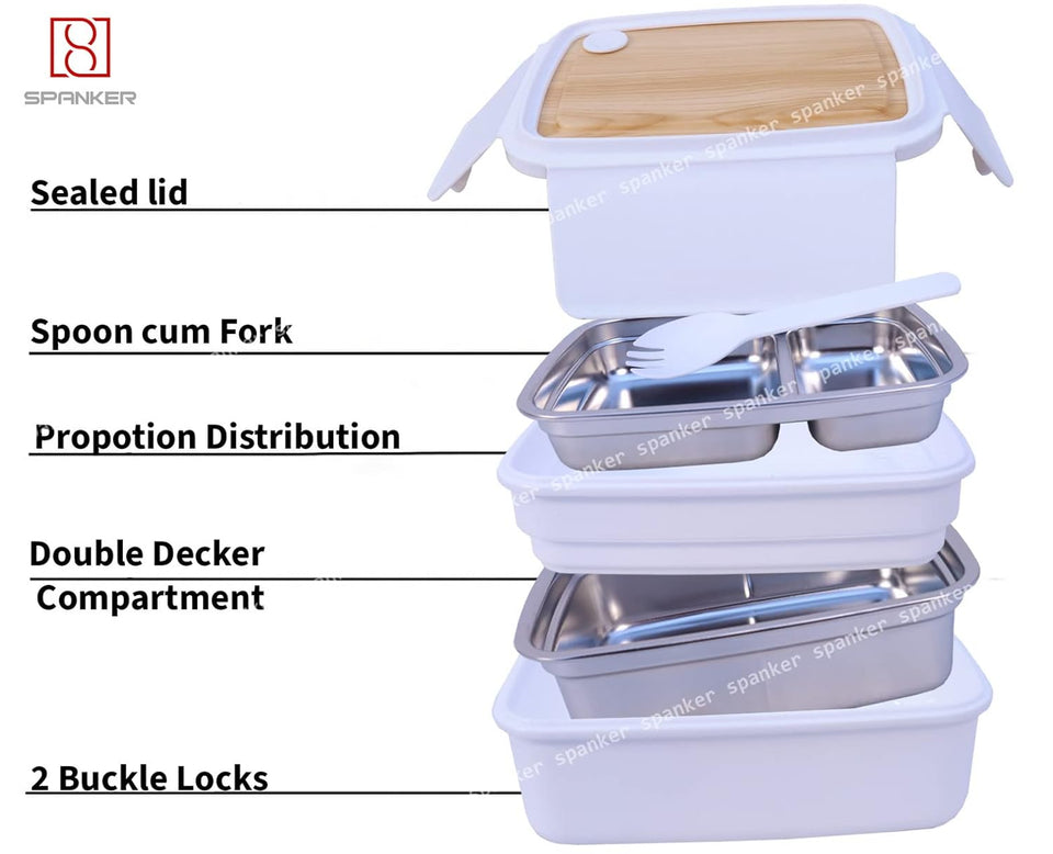 Spanker Wood Double Decker Finish Lunch Box Thermal Stainless Steel Insulation Box Tableware Set Portable Tiffin Box for Kid Adult Student Children Keep Food - 1400 ML - White