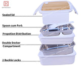 Spanker Wood Double Decker Finish Lunch Box Thermal Stainless Steel Insulation Box Tableware Set Portable Tiffin Box for Kid Adult Student Children Keep Food - 1400 ML - White