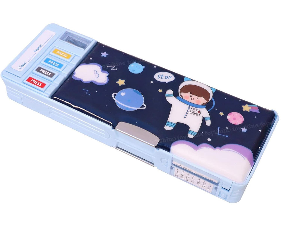Toyshine Multi Compartment Button Operated Space Pencil Box, With Pen Stand In-Built, Push Button Enabled Storages And Sharpener For Kids - Blue - Plastic