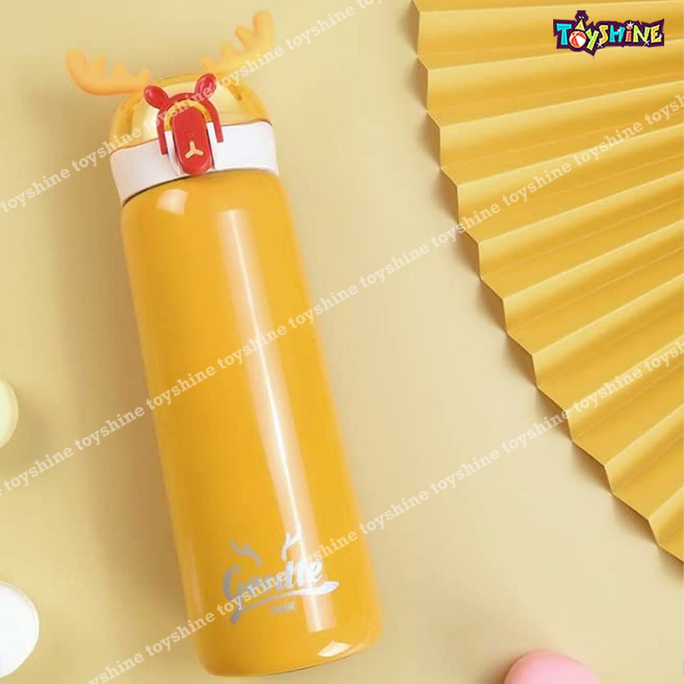 Toyshine Dear Shape Edition Insulated SUS 304 Kids Water Bottle Spill Valve Silicone Handle, Pop Button, BPA Free for Kids School, Children's Drinkware - 440 ML - Yellow