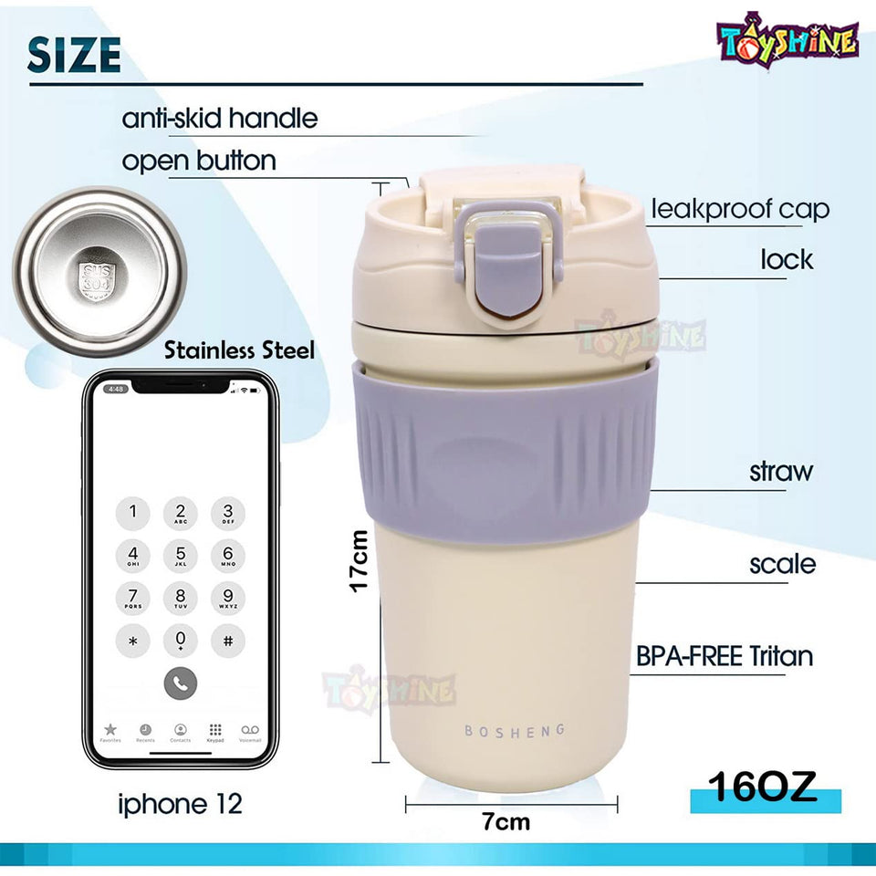 Toyshine Basic Handy Bottle Hot Cold Stainless Steel 304 Water Bottle for Kids, Adults Double Walled Flask Metal Thermos, Spill Proof Closure, BPA Free for School Home, Drinkware, 480 ML, Blue