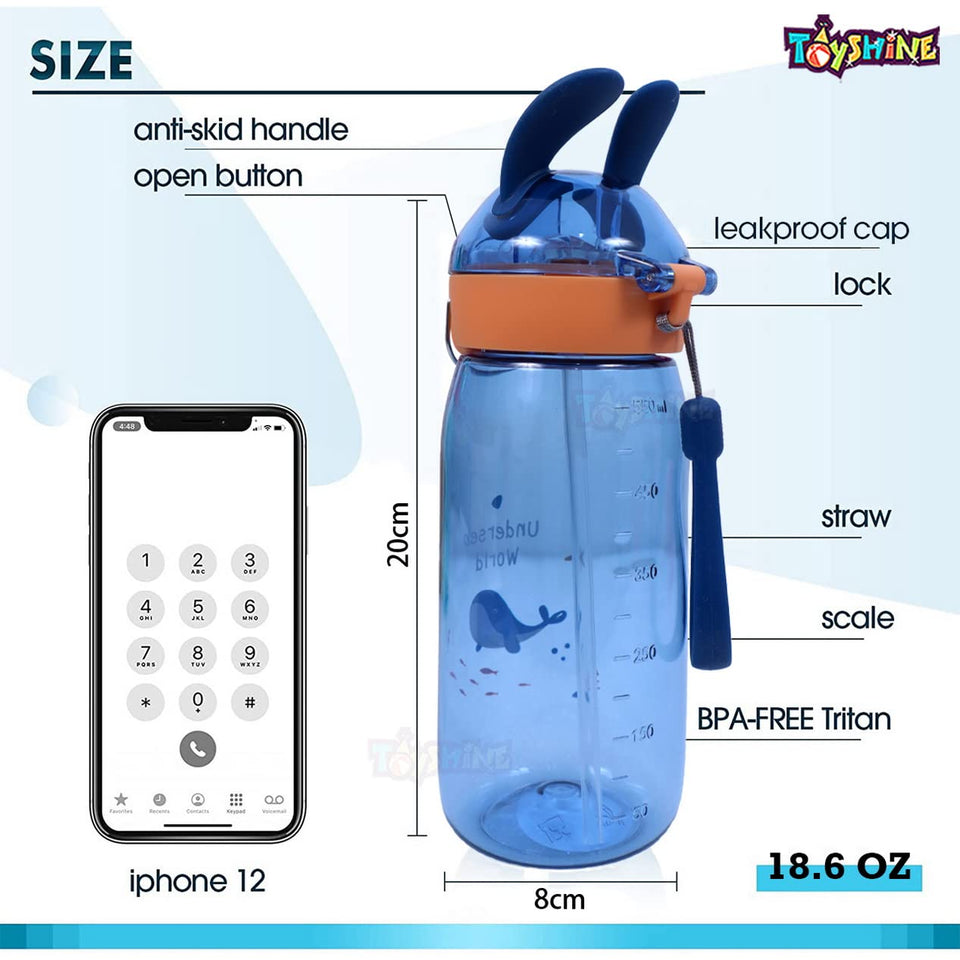 Toyshine Bunny Kids Water Bottle With Straw - Spill Proof Straw Valve, Pop Button, BPA Free Water Bottle for Kids School - Featuring Soft Silicone Handle Grip - Children's Drinkware - 550 ML - Blue