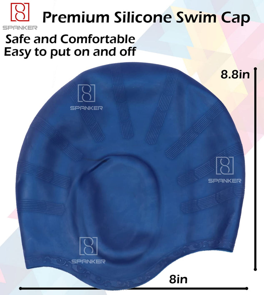 Spanker Unisex Swim Cap with 3D Ear Protection, Durable Flexible Silicone Swimming Hat for Short/Long Hair with Ear Plugs&Nose Clip, Dark Blue SSTP