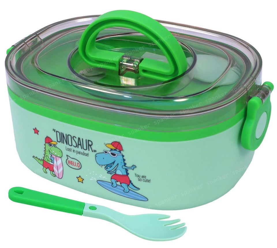 Spanker Dinosaur Lunch Box Thermal Stainless Steel 1000 ML Insulation Brunch Munch Box Tableware Set Portable Lunch Containers for Kid Adult Student Children Keep Food - Green B